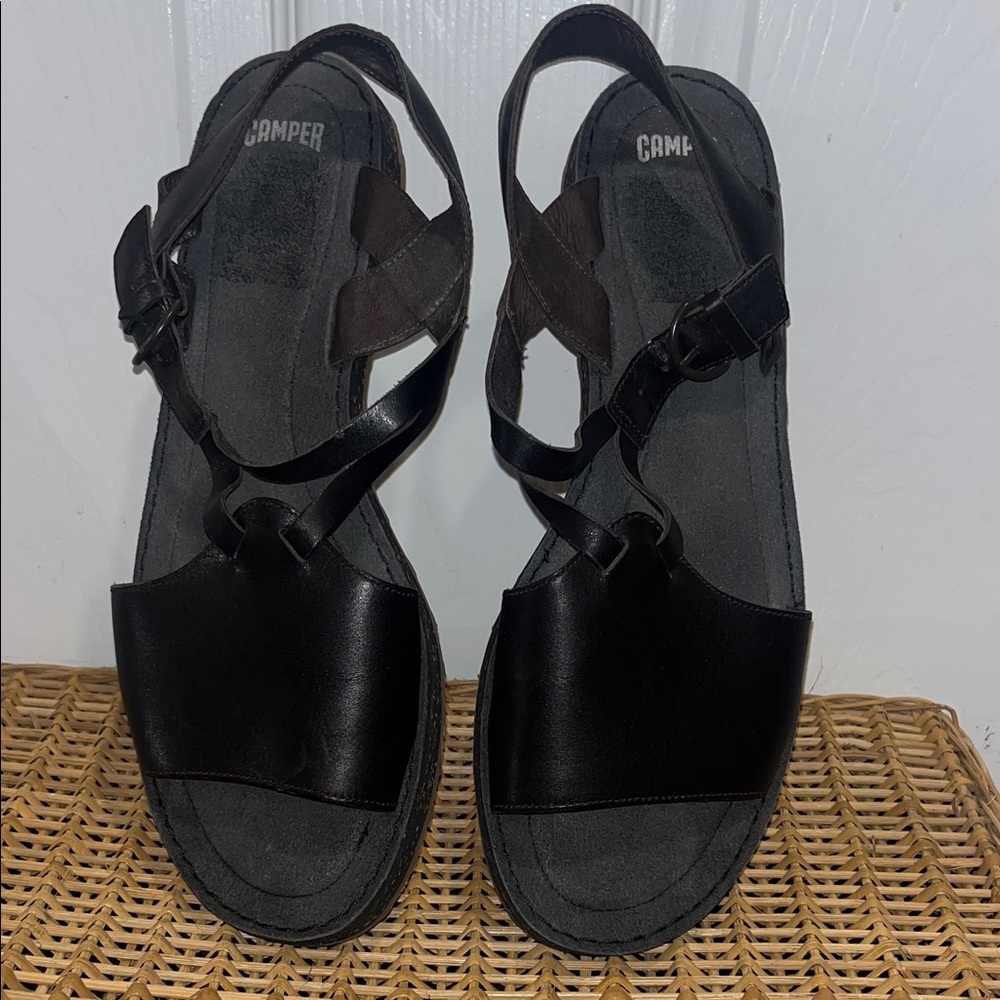 Camper Black Leather Strappy Sandals